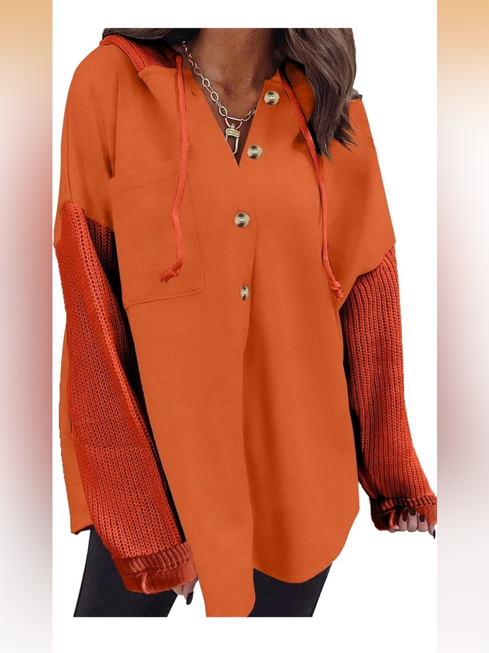 Amazon Orange Button-Up Hoodie with Knit Contrast Sleeves